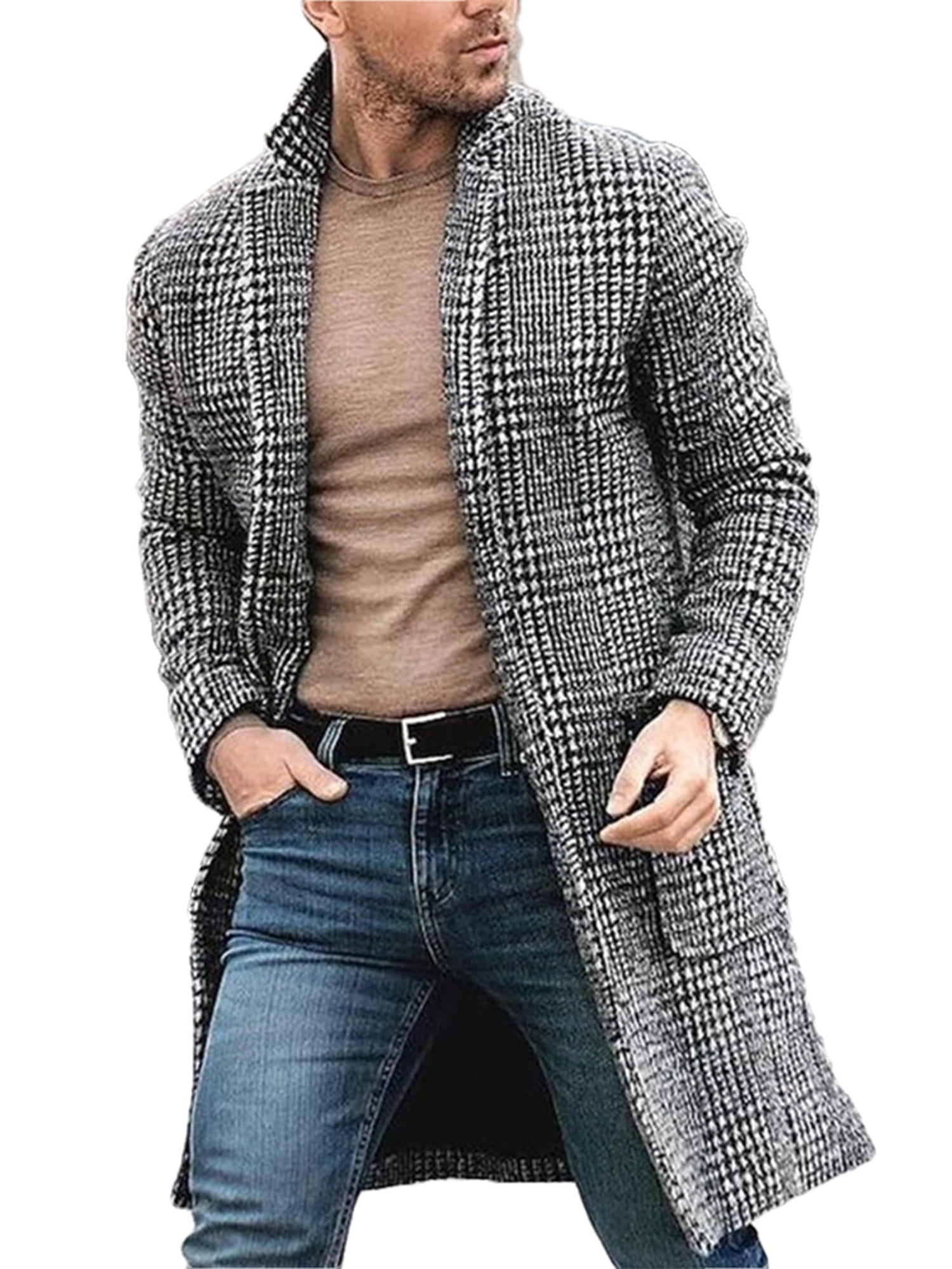 Mens Wool Blend Trench Coats Stand Collar Slim Fit  Casual Parka Mid Long Jacket 