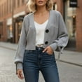 thumbnail image 2 of Wang6 Womens Chunky Cropped Cardigan Sweaters White Fall Open Front Button Knit Sweater Long Sleeve Knitted Tops Causal V Neck Loose Lantern Sleeves Outwear Grey One Size, 2 of 4