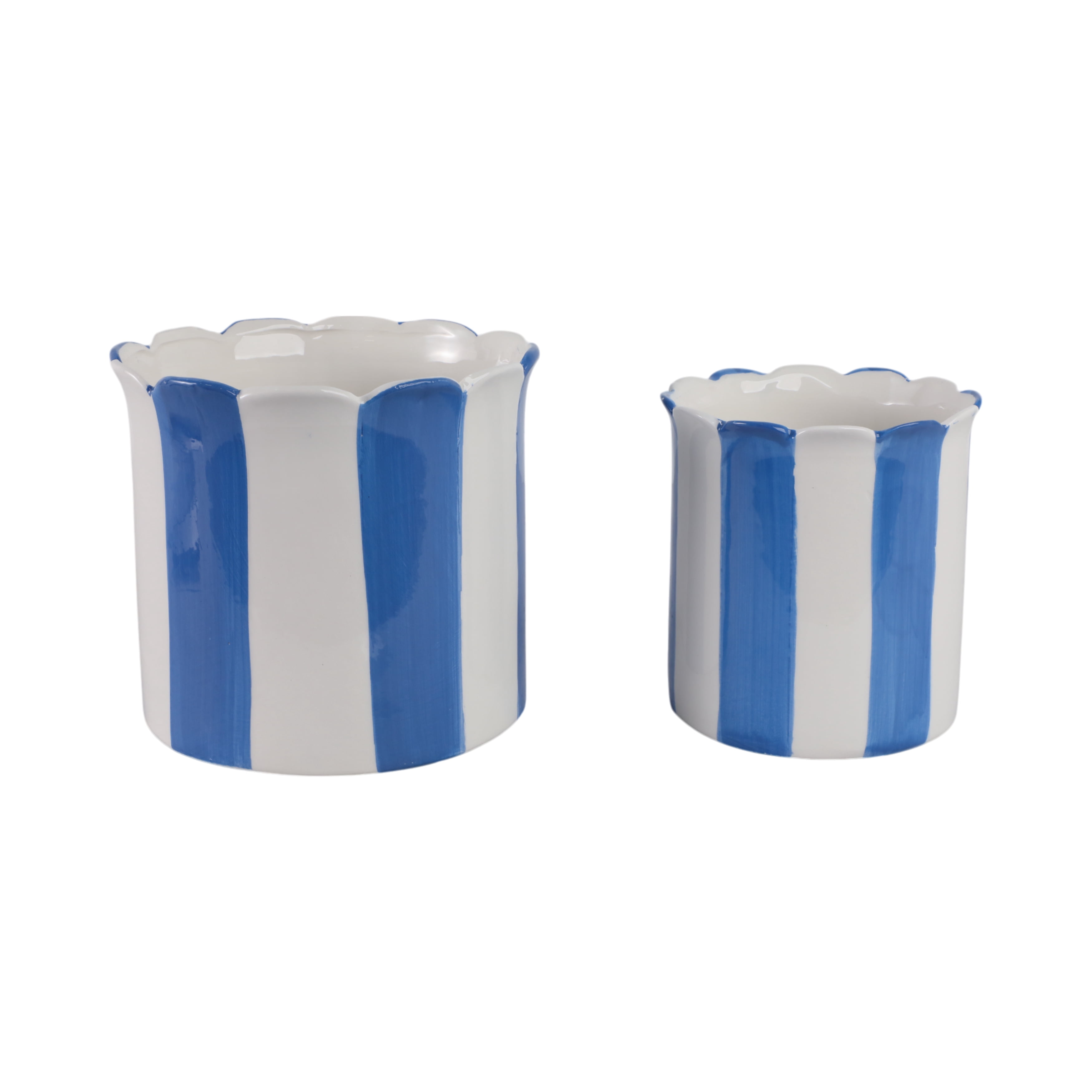 Ceramic Scalloped Striped Flower Pots for Home Decor - Decorative Planters for Indoor and Outdoor Plants - Plant Pots for Living Room and Garden Decor - Set of 2, 7", 6", Blue & White
