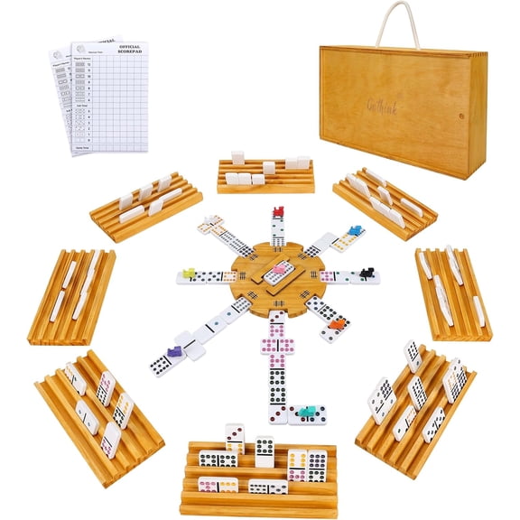 Fugocen Mexican Train Dominoes Set Double 12 with Wooden Case for Adults