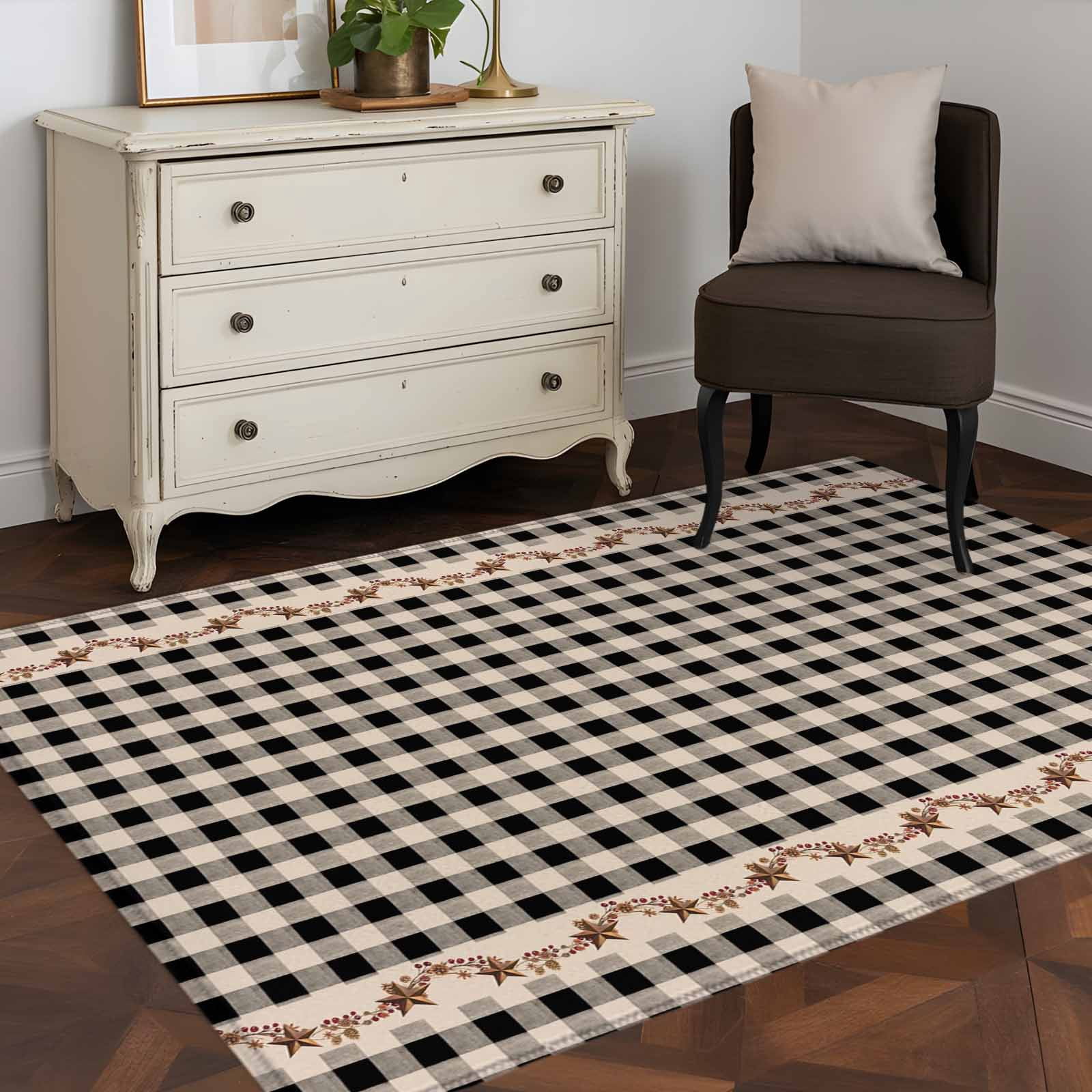 Area Rugs 2.7'x5', Western Texas Star Retro Carpet for Living Room Bedroom Dining Room, Country Vintage Black Beige Plaid Throw Kitchen Rugs Non Slip Washable Rectangle Indoor Outdoor Rugs