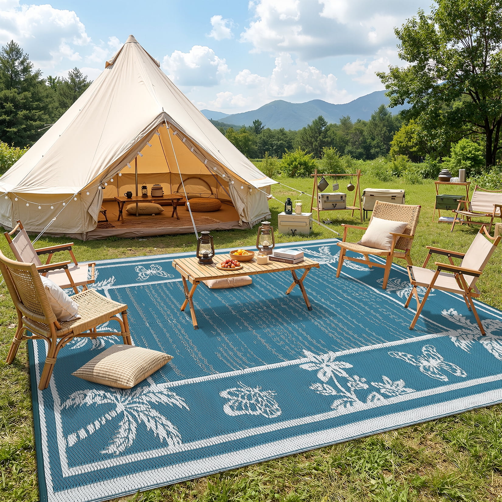 HIWEAVER Gray/Blue 8'x 10' Outdoor Rug Garden Decor Floral Bordered Carpet Plastic Straw Waterproof Reversible Patio Area Rug for Balcony Deck Picnic Portable Camping Mat