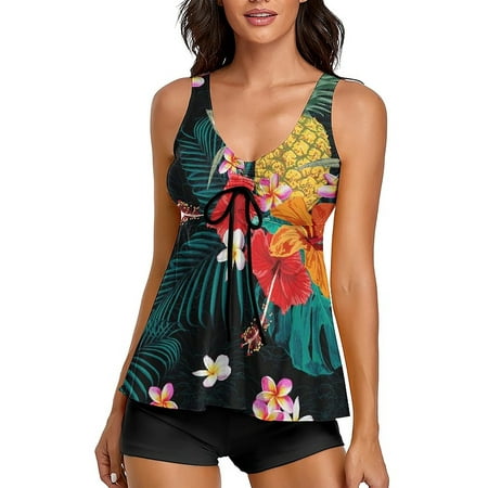 Two Piece Bathing Suits for Womens Flowy Tankini Swimsuits Tummy Control Swimwear with Boyshorts