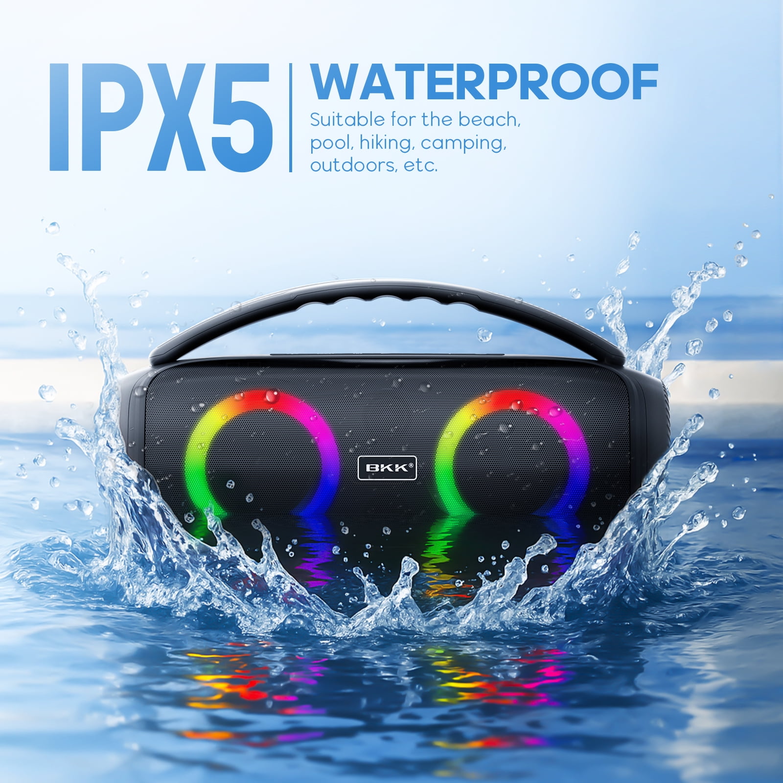 Vebreda Waterproof Bluetooth Speaker, 40W Stereo Portable Wireless Speaker with DJ Lights for Beach, Party, Black