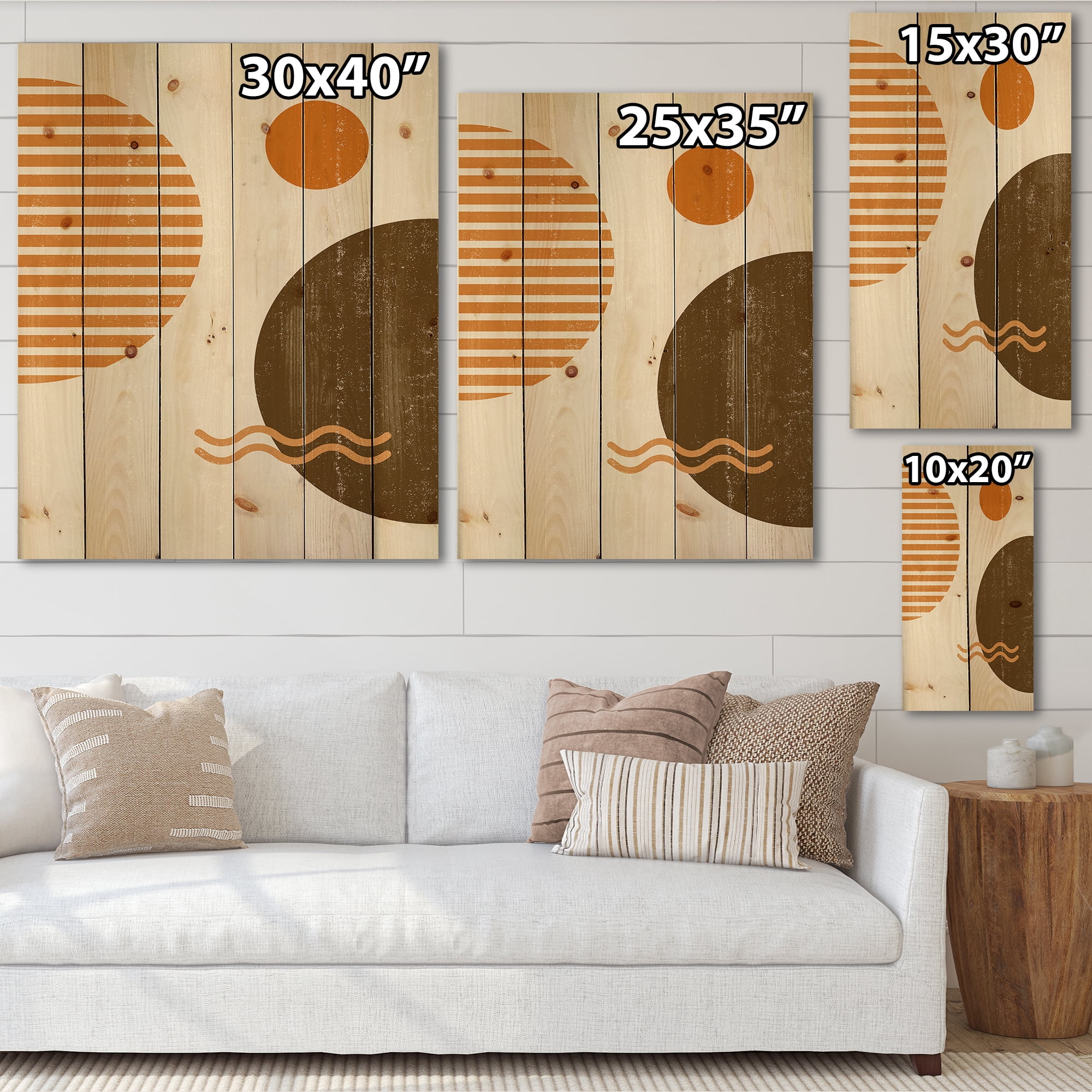 Designart 'Abstract Minimal Moon and Sun In Earth Tones III' Modern Print on Natural Pine Wood