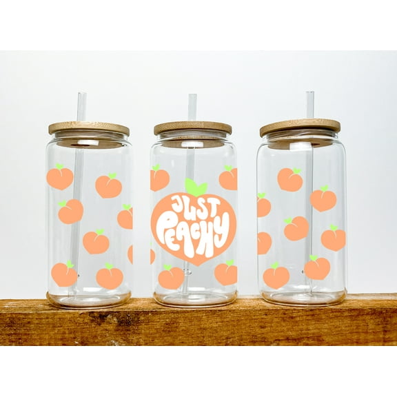Just Peachy (Peaches) Themed Iced Coffee Cup Glass - Trendy Glass Jar