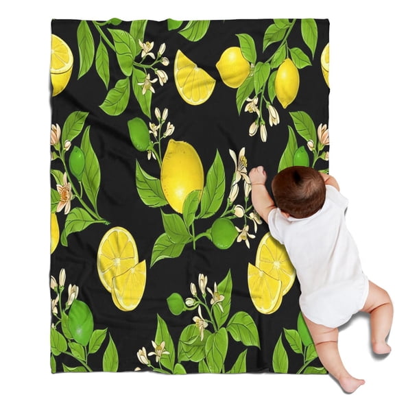 Yellow Lemon Fruit Limes Black Pattern Blanket,Comfortable Soft Lamb Wool Throw Blanket,All Season,Warm Lightweight Blankets for Sofa Bed Couch Living Room Chair,30"x40"