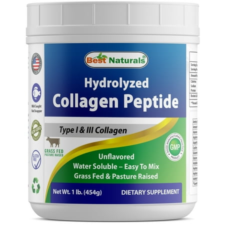 Best Naturals Hydrolyzed Collagen Peptides Type I & Type III Collagen unflavored 1 Pound - Grass Fed & Pasture Raised - Water Soluble - Easy to
