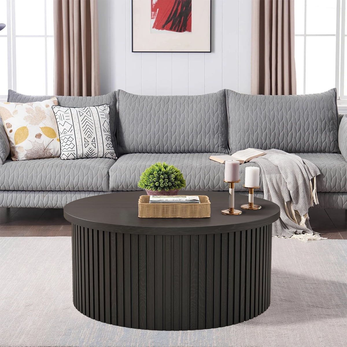 Round Coffee Table for Living Room, Farmhouse Lift Top Coffee Table, Fluted Center Table with Storage (Black)