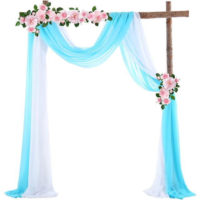 Drapé d'Arche de Mariage, 2 Pcs 5.5M Rideaux en Chiffon pour Cérémonie et Réception - Blanc et Bleu