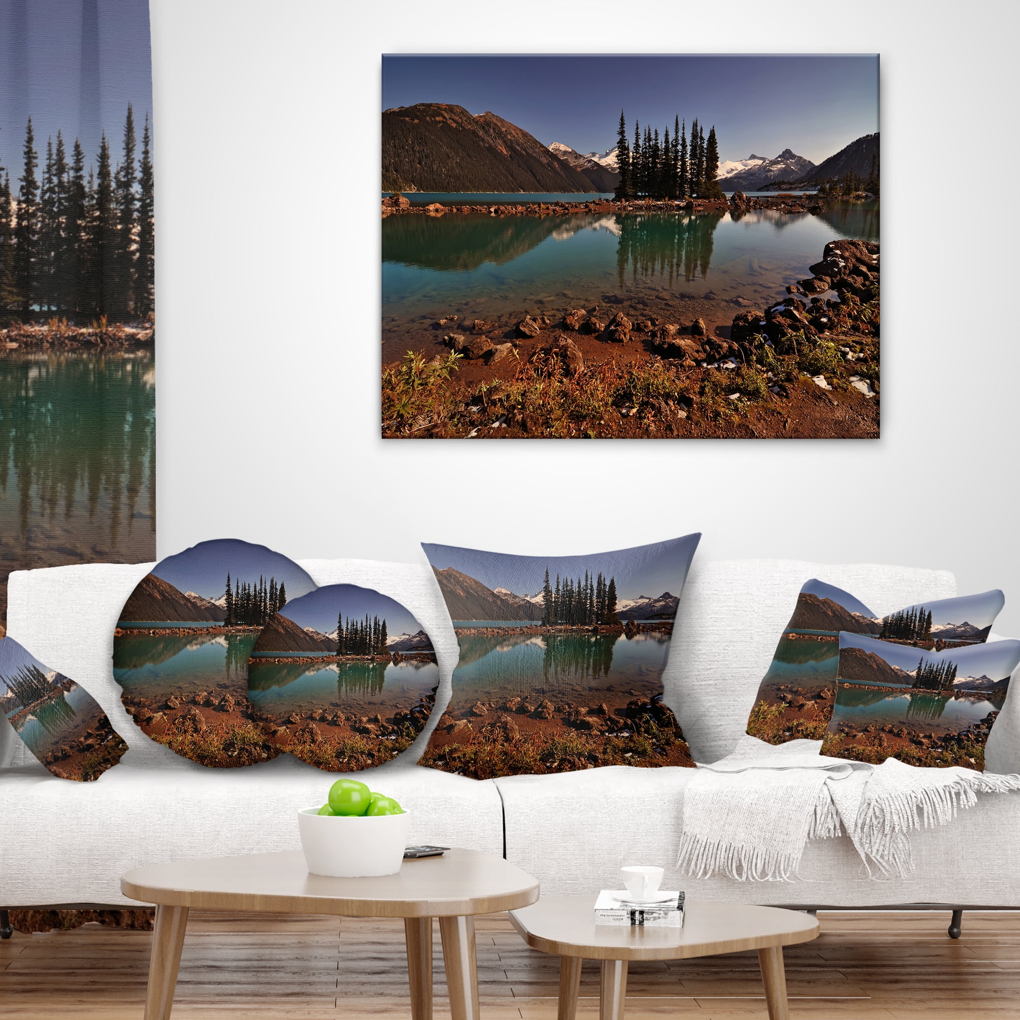 Designart Lake and Pine Trees in Evening - Landscape Printed Throw Pillow - 16x16
