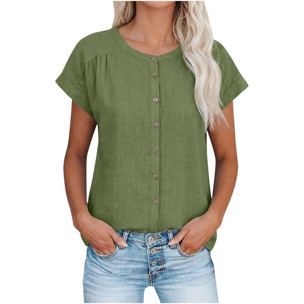 TaTaai Women's short sleeve crew neck top, linen cotton fabric, solid color, button cuffs, cutout detail, pullover style, casual loose fit, soft breathable, ideal for daily outings Gift
