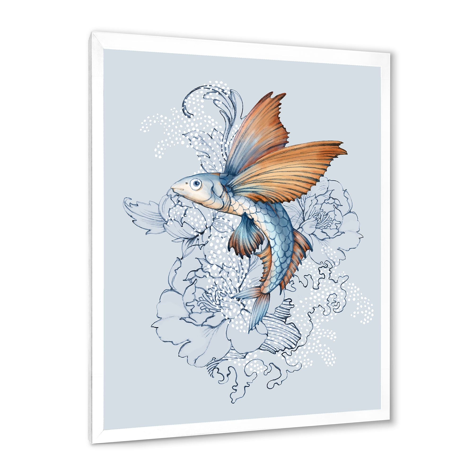 Designart 'Flying Fish and Peonies' Traditional Framed Art Print