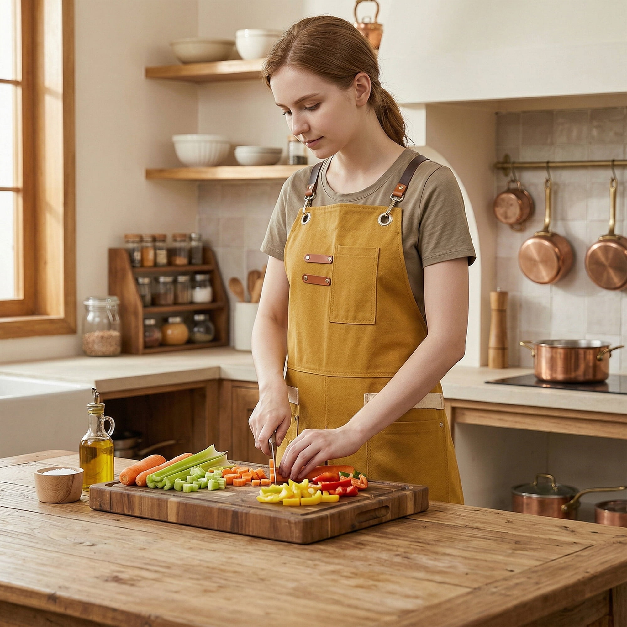 Unique Bargains Adjustable Long Waist Cooking Apron with Pockets for Kitchen Yellow