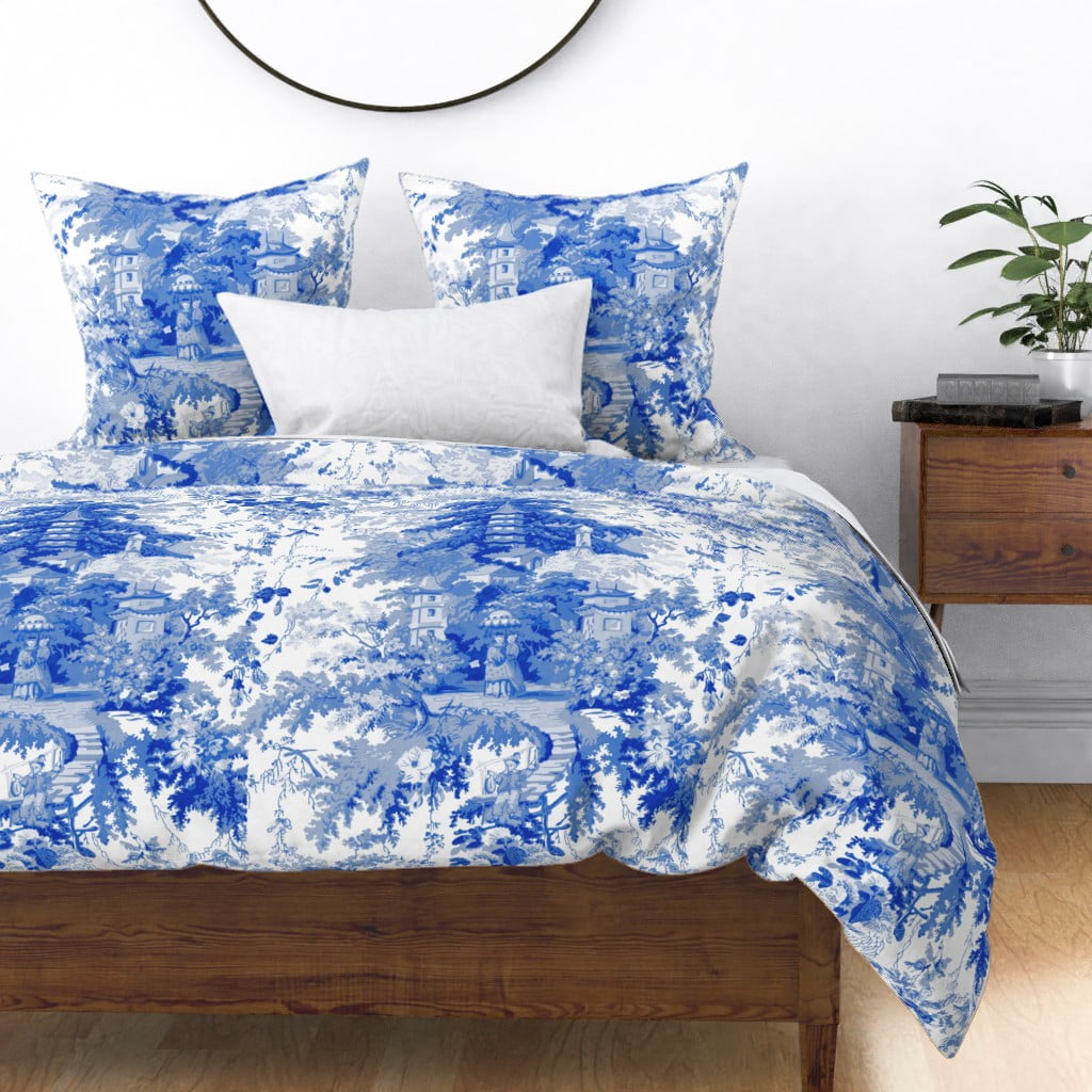 Blue And White Chinoiserie Toile Willow Chinese Sateen Duvet Cover by