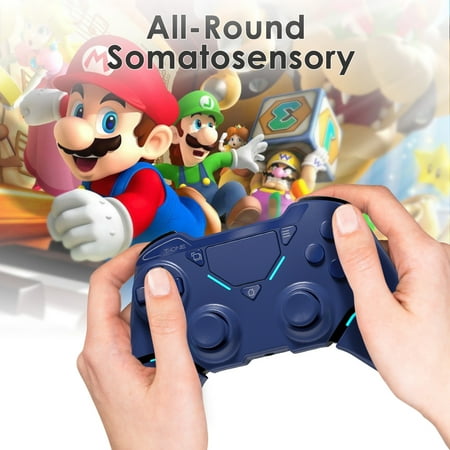 UHM Wireless Controller for P4/Pro/Slim/PC,Bluetooth Gamepad Remote Joystick with LED Light/Double Shock/Touchpad/Stereo Headphone Jack/Six-axis Motion/Programmable/Turbo, Technology Blue