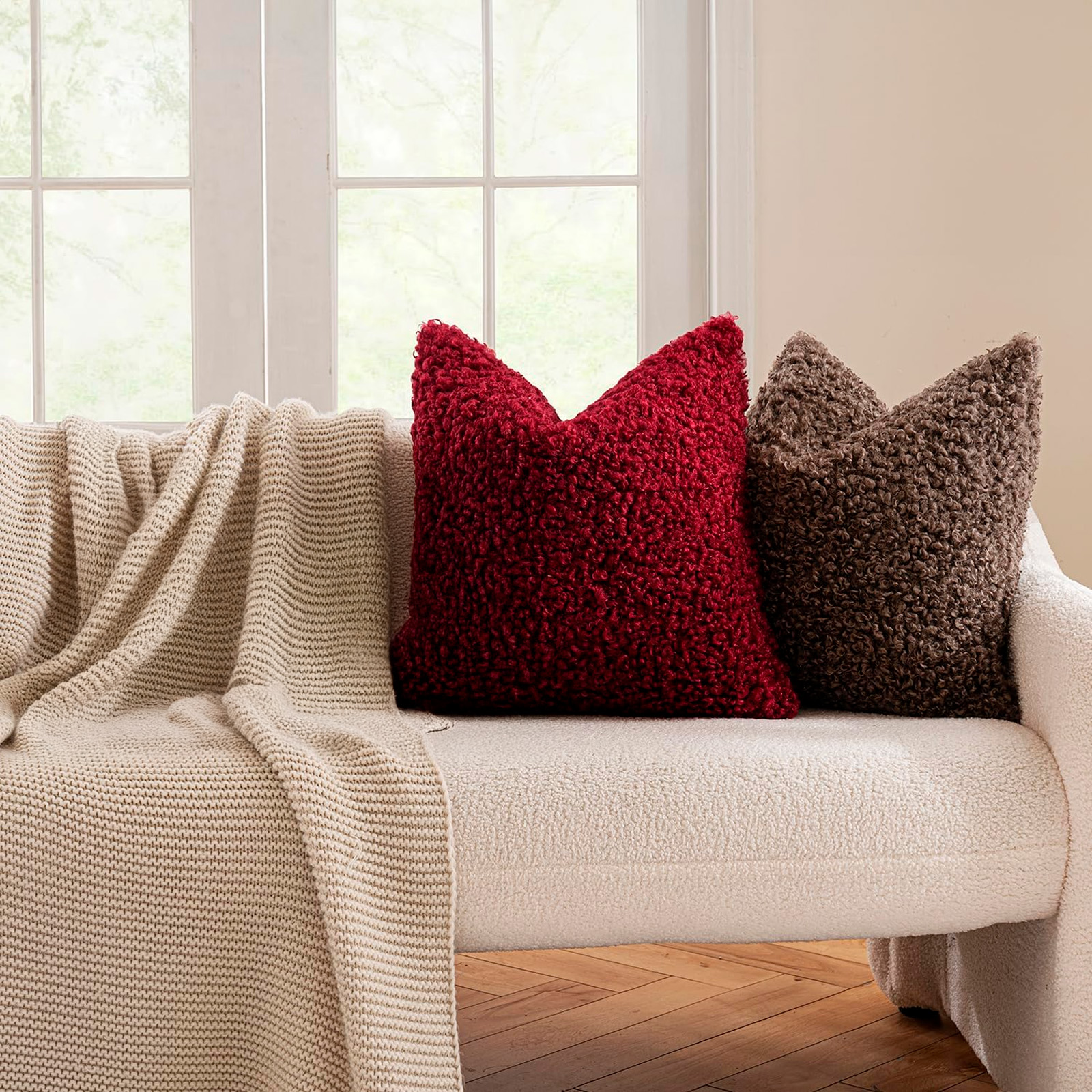 Sanmadrola Decorative Throw Pillow Covers 18" x 18" Set of 2, Teddy Fur Couch Plliowcase Cushion Cover Modern Farmhouse Home Decor, Wine Red