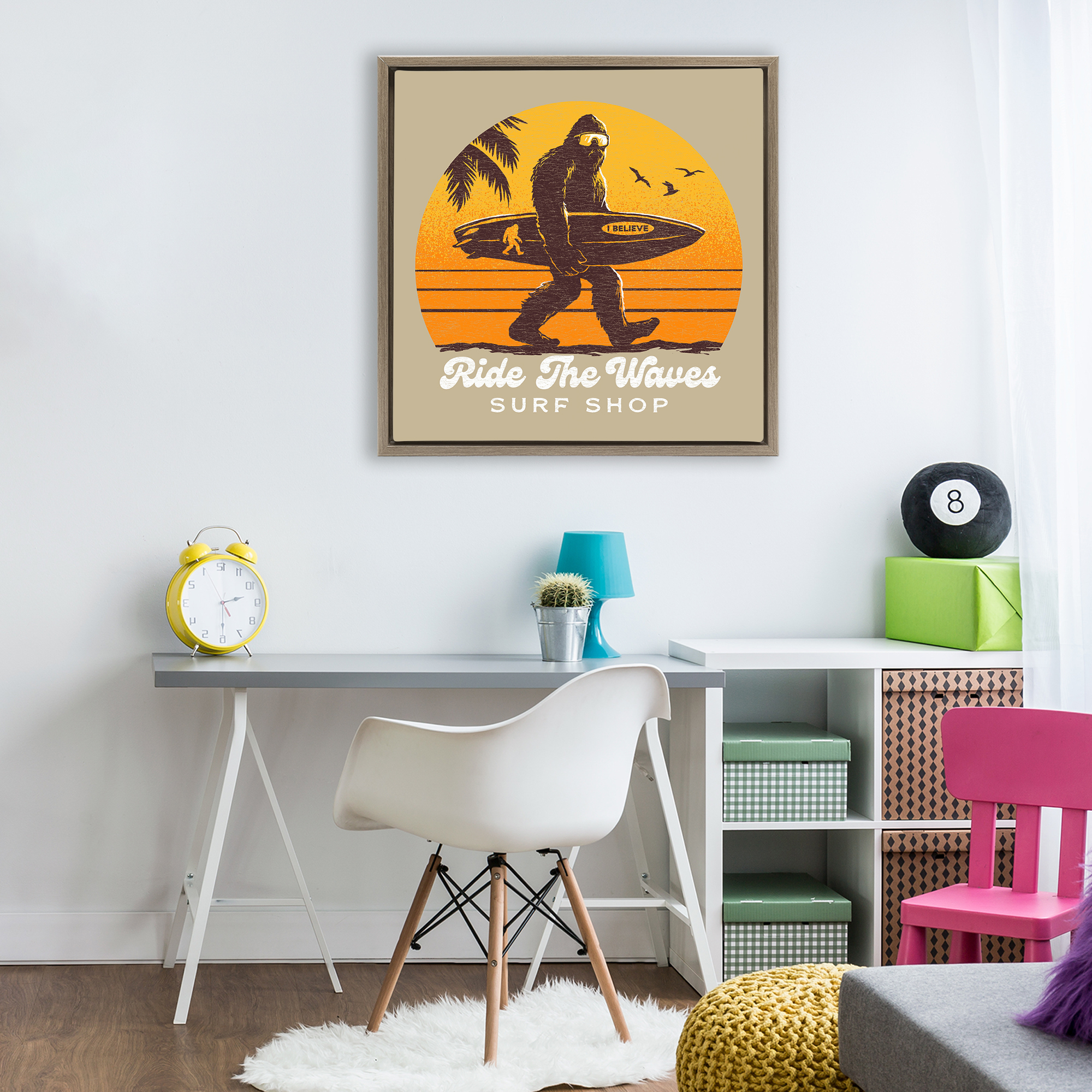 Ride The Waves Surf Shop Brown Framed Floater Canvas Wall Art, design by Jedco Brands Inc.