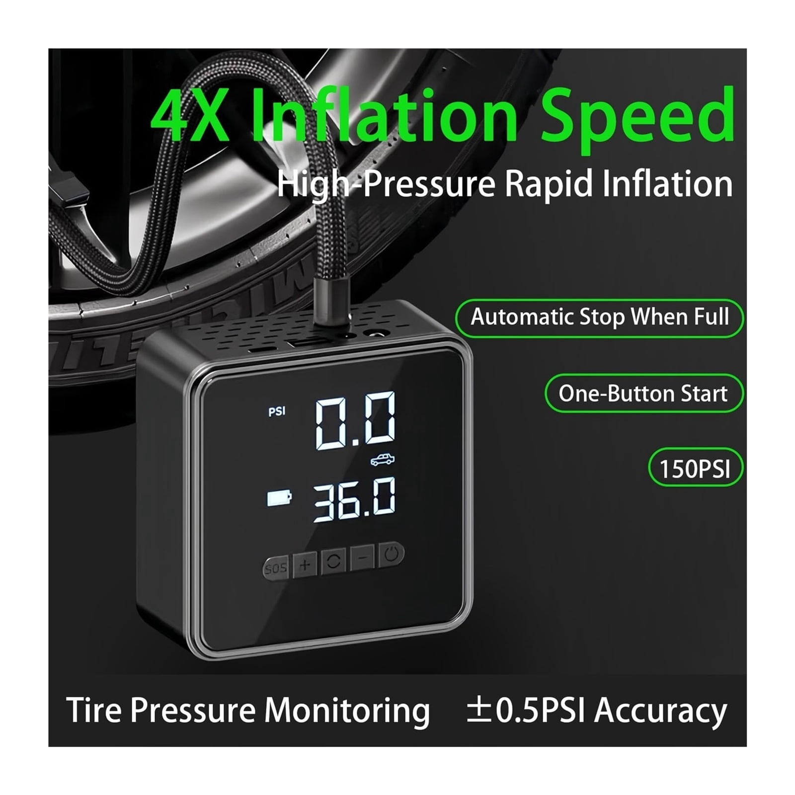 Tire Inflator Portable Air Compressor - 150 PSI Air Pump for Car Tires - 4X Faster Inflation, Smart Pump Tire Inflator for Cars, Motorcycles, Bicycles, Balls