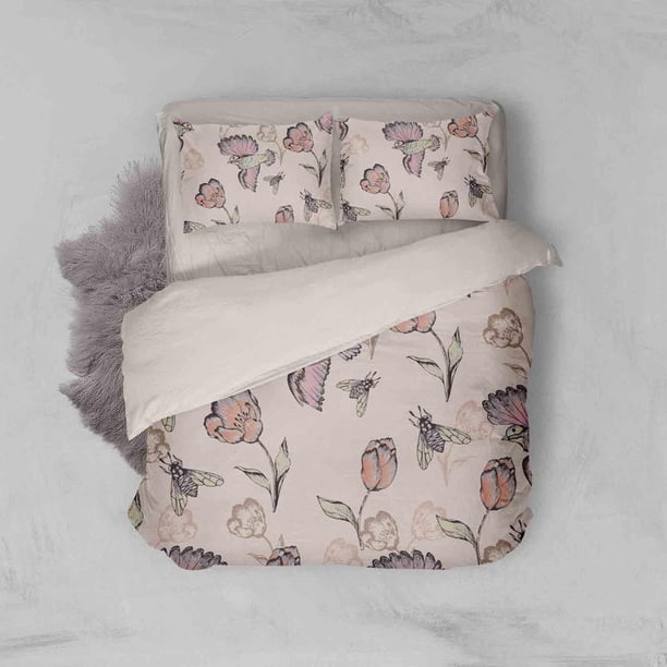 3D Rosa Floral Insecto Funda de edredón Juego de ropa de cama Fundas de almohada 61