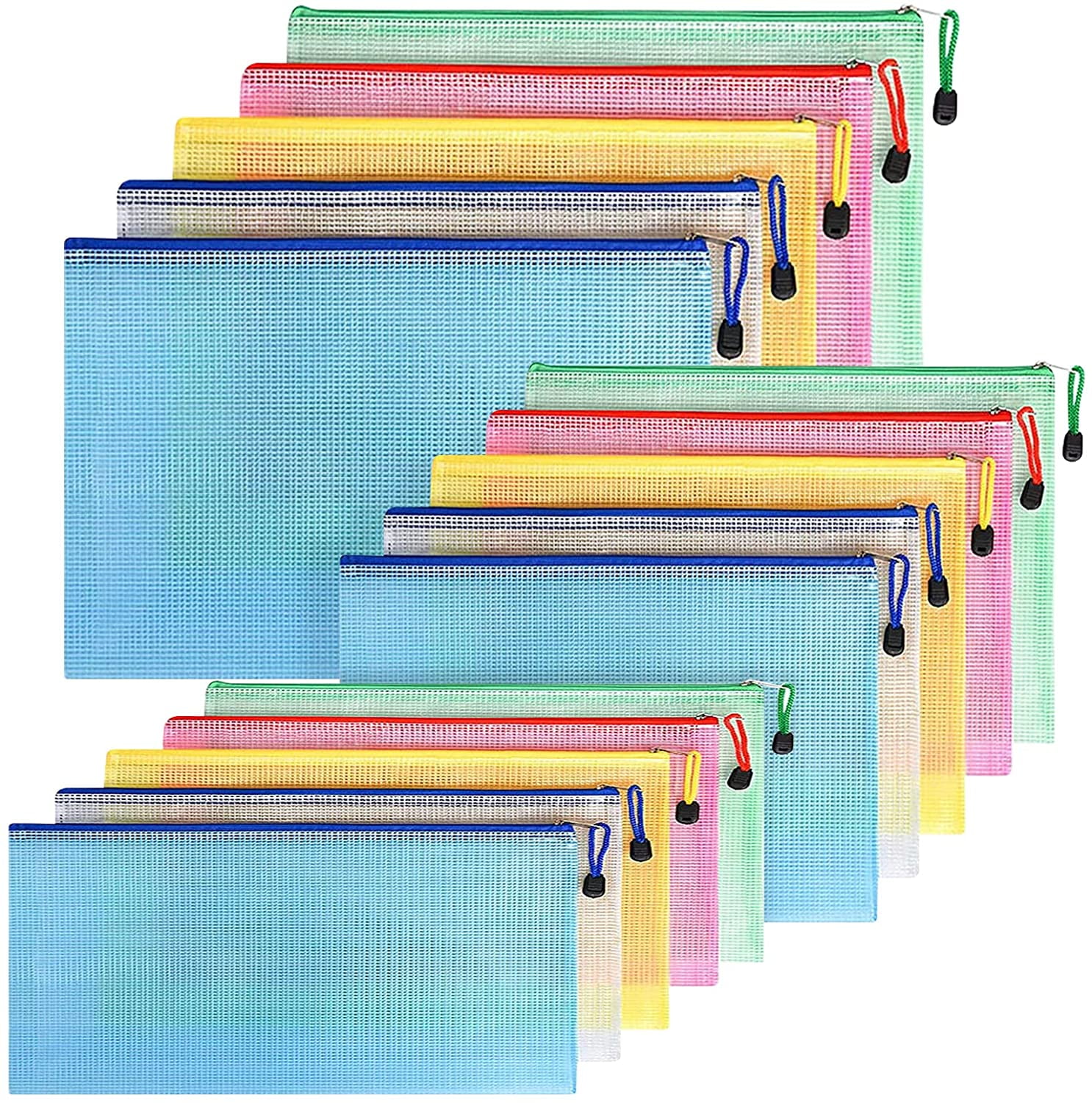 Paxcoo 12 Pcs 5 Colors A4 Plastic Zip File Paper Document Folder Bags Storage Pouch 