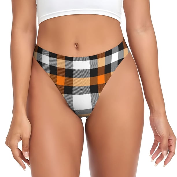 Fotbe Orange Plaid Tanga Sin Costuras para Mujer con Estampado – Panties Invisibles, Transpirables y Cómodos para Uso Diario-Large