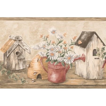 Birdhouses Wallpaper Border - White Chamomile Flowers Birdhouses Rustic Wallpaper Border Retro Design, Roll 15' x 7''