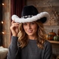 thumbnail image 5 of Furry Fluffy Trim Halloween Western Cowboy Hat with Decorative Band, Wide Brim Fashion Headwear, Stylish Accessory for Halloween Parties, Concert, Festival Celebrations and Trendy Outfit Black, 5 of 10
