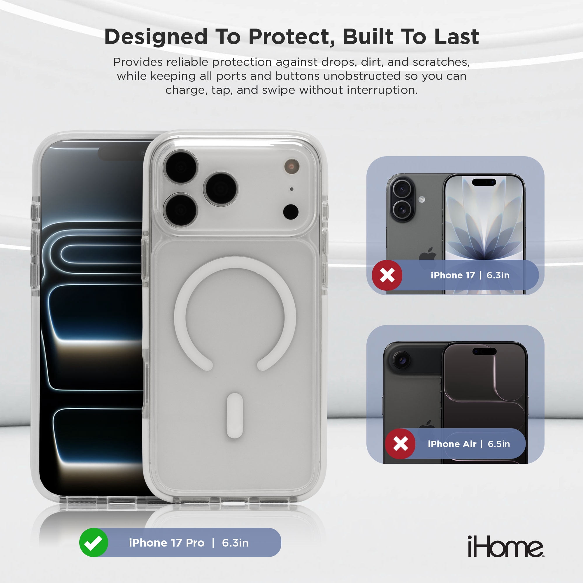 iHome Magnetic Velo Phone Case for iPhone 18 Pro/ 17 Pro- White/Clear