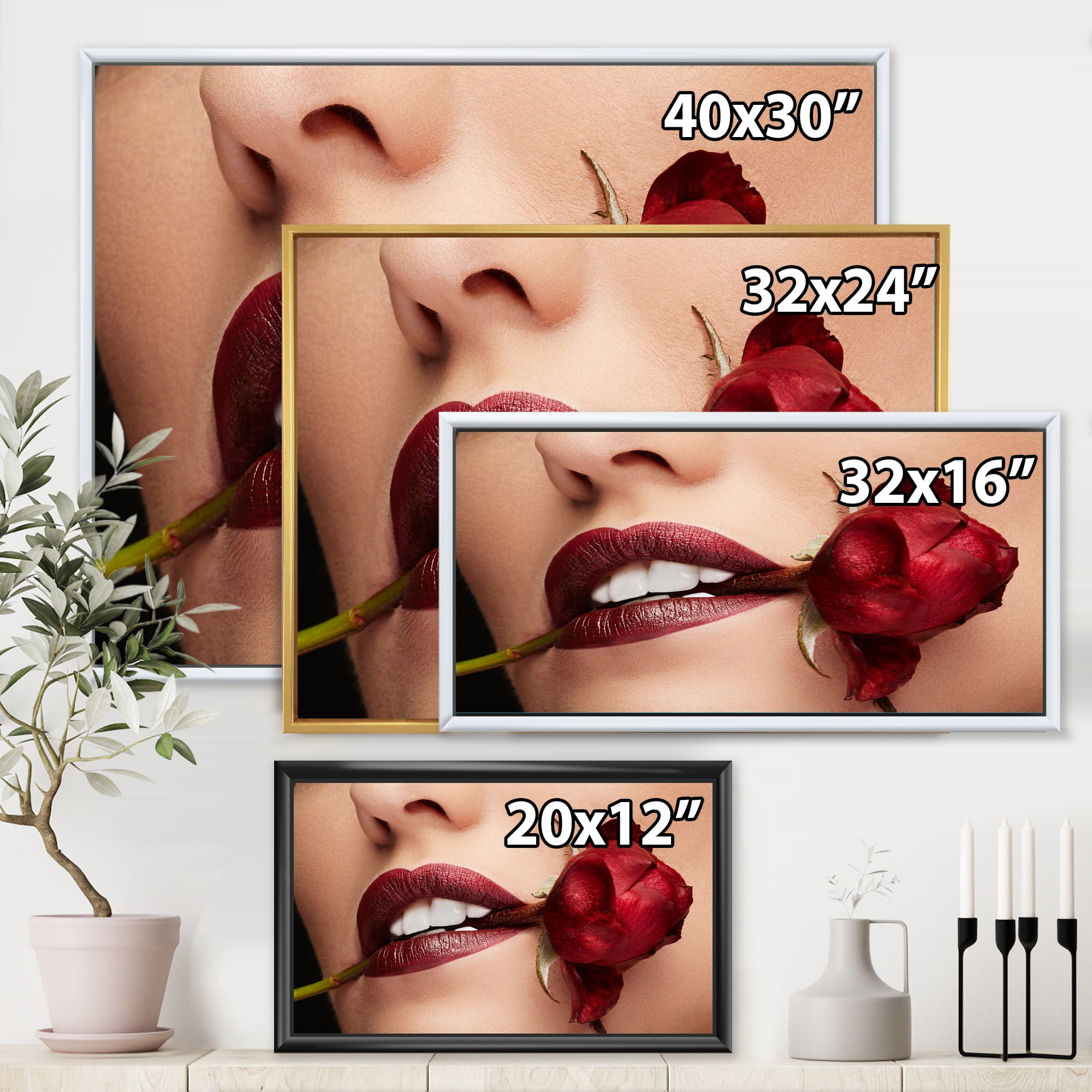 Designart 'Girl With Red Lipstick Holding A Rose In Mouth' Modern Framed Canvas Wall Art Print
