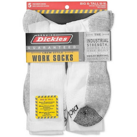 Dickies Men's Big and Tall Dri-Tech Comfort Crew Work Socks, 5-Pack, Size 12-15