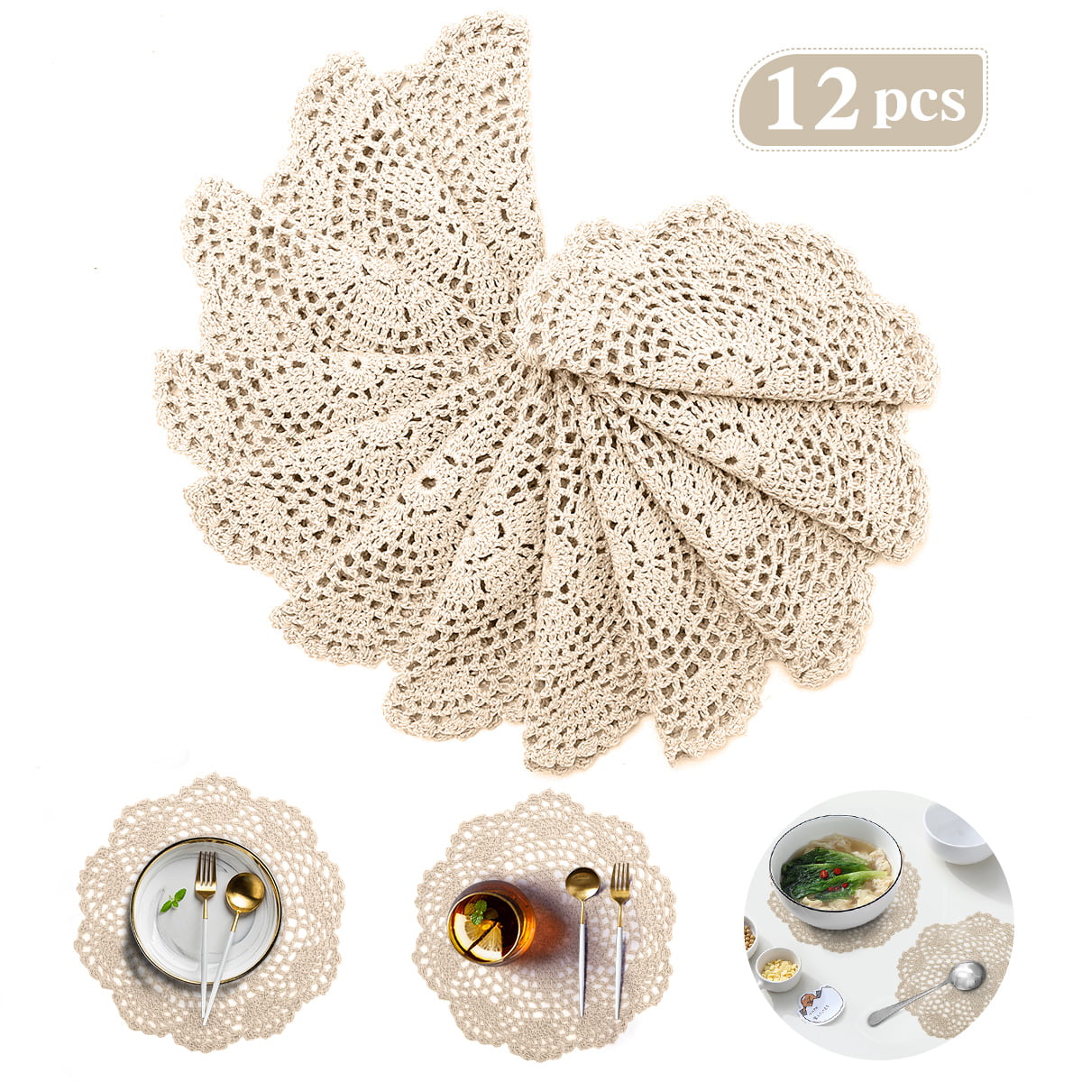 Pack Of 8 8 Inch Doilies Crochet Round Lace Beige Handmade Cotton Coasters 