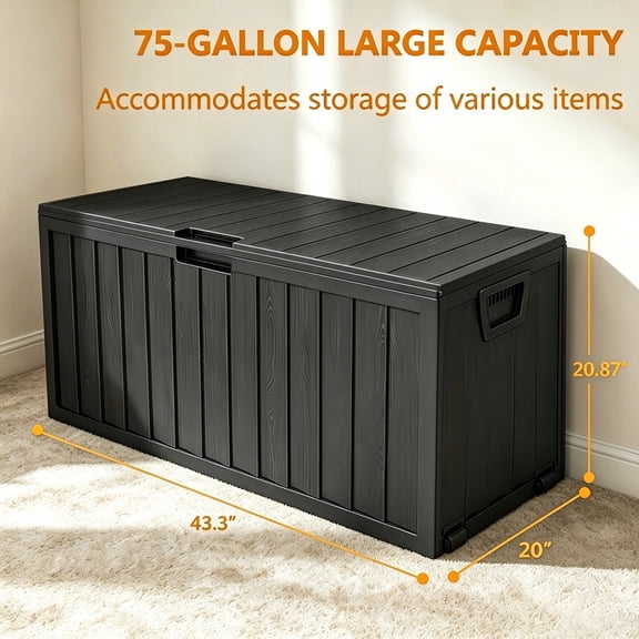 75 Gallon black Outdoor Waterproof Storage Box with Flip-Top Lid, Heavy-Duty Deck Box Suitable for /Outdoor Use - Plastic