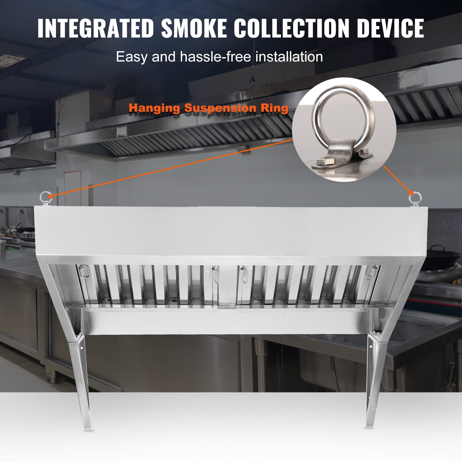 KFFKFF Range Hood, 5ft Commercial Stainless Steel Wall Mounted Exhaust Hood, with 2 Removable U-shaped Grease Filters, Durable and Resists Corrosion, Ideal for Restaurant