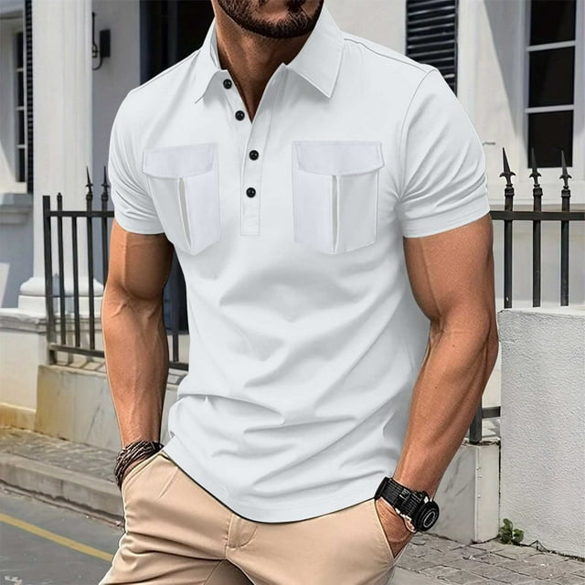 pstuiky camisetas para hombre, Camisa informal de manga corta con cuello vuelto y botones para hombre, color liso y bolsillo ropa de hombre l