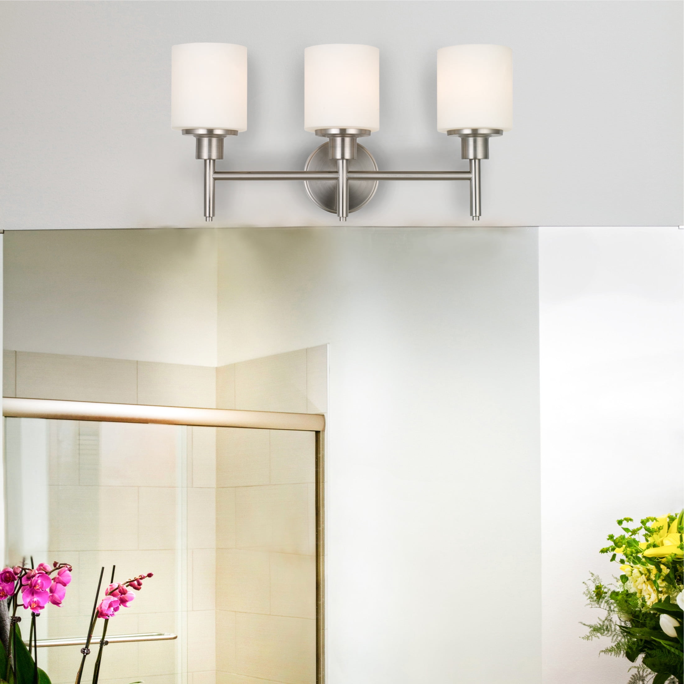 Design House Aubrey 3-Light Bathroom Light Fixtures in Satin Nickel - Dimmable Vanity Lights with Frosted Glass