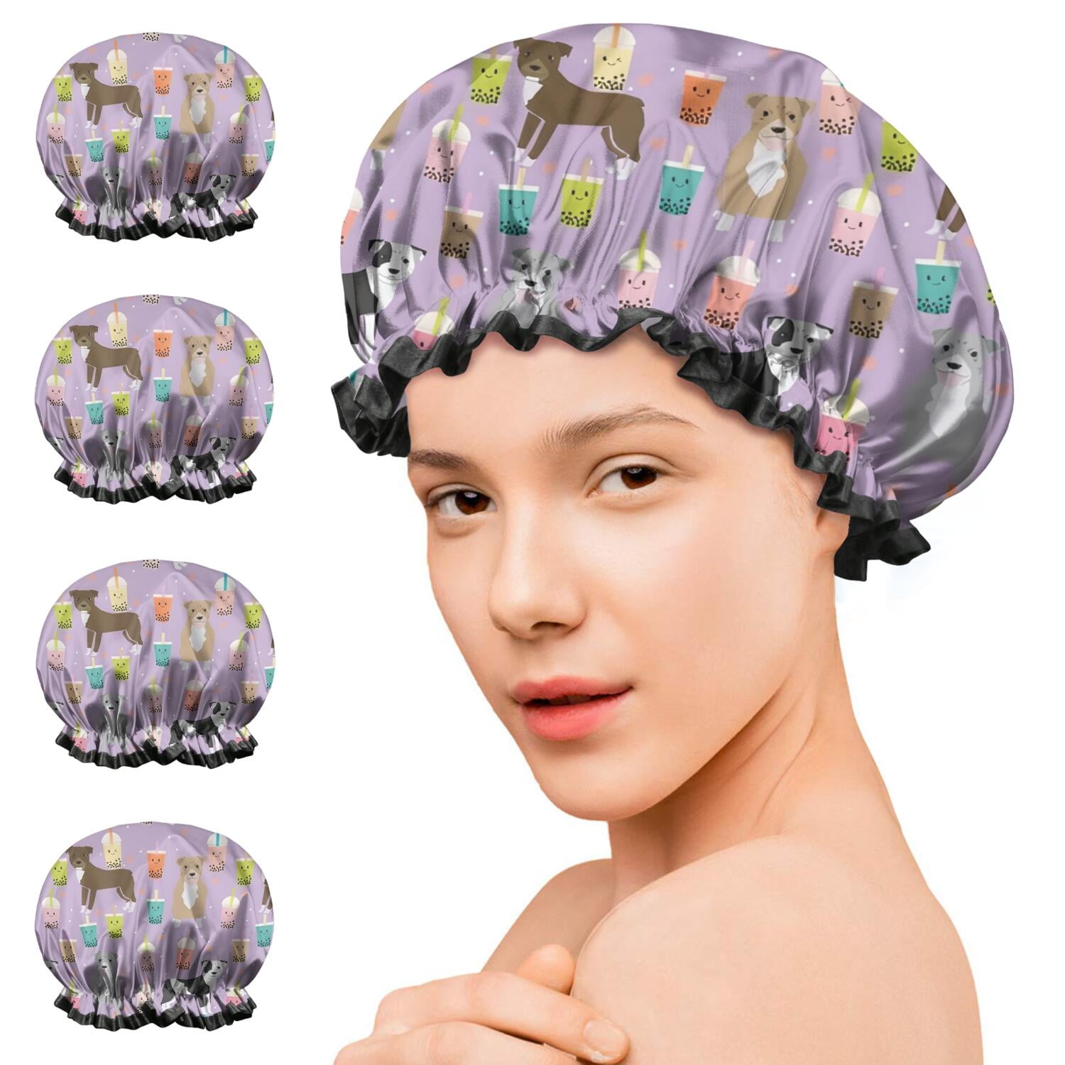 Shower Caps,Boxer Dog Pitbull Terriers Dog and Drinks Waterproof Shower Cap for Women 4 Pieces,Double Reusable Hair Cover for Shower PEVA Elastic Stretch Hem