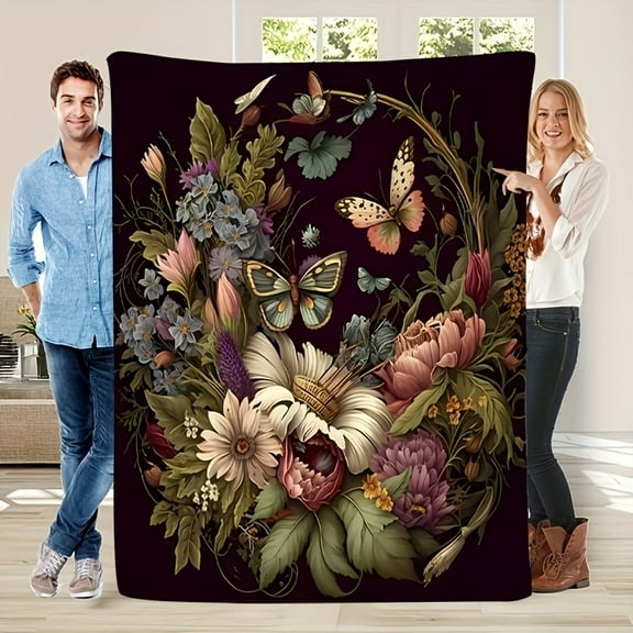 Vintage Floral & Butterfly Print Fleece Throw Blanket Soft Warm and Cozy for All Seasons Perfect for Couch Bed Office Camping and Travel Durable Blend Multi-Use Stain-Resistant