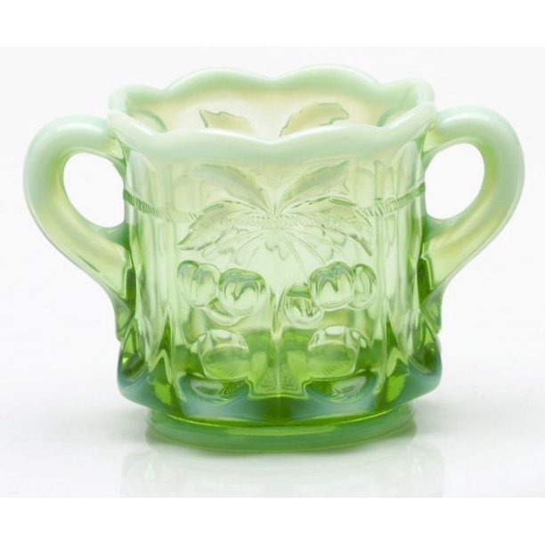 Mosser Glass Cherry Thumbprint Sugar Bowl in Green Opal 6.5x10 Inches