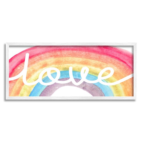 Stupell Industries Love Script Typography over Soft Watercolor Rainbow Modern Painting White Framed Art Print Wall Art, 10 x 24, Design by Daphne Polselli