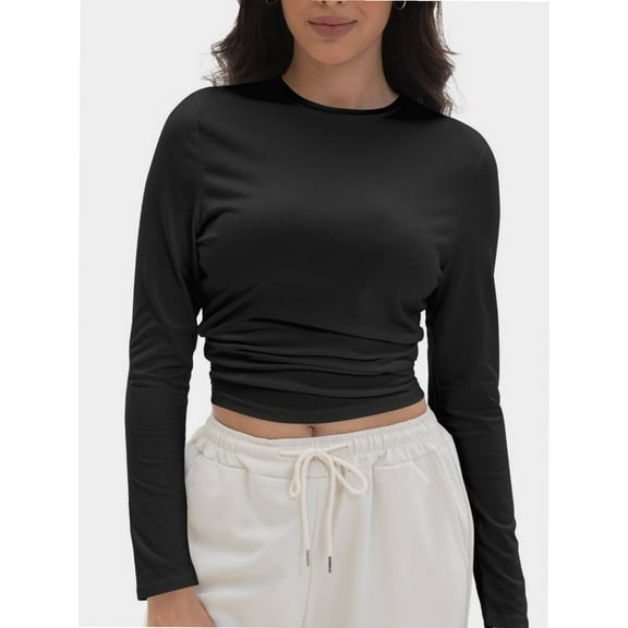 Women's Long Sleeve T-shirts Crew Neck Slim Fit Layered Crop Tops Soft Basic Tee