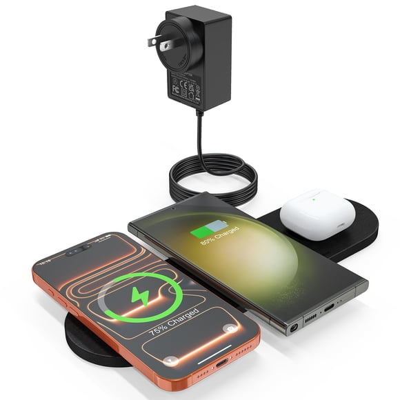 ZealSound Wireless Charging Pad,Triple Wireless Charger Pad Multiple Devices Compatible with iPhone Phone New AirPods Galaxy Buds Ultra-Slim PU Leath