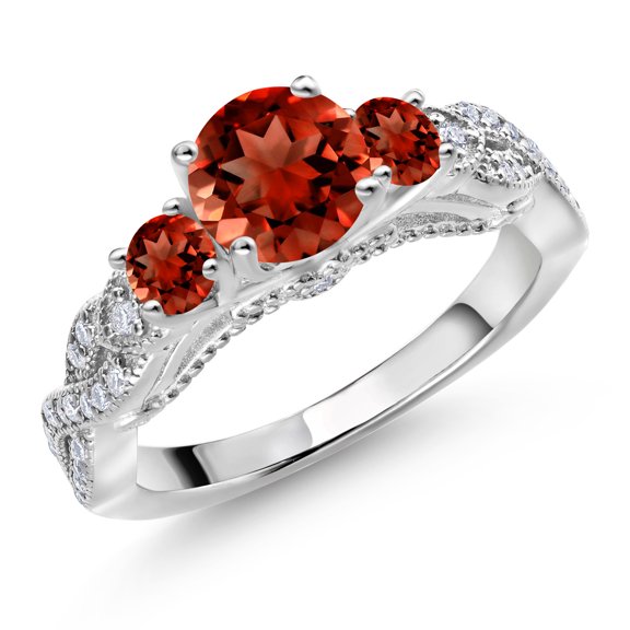 Gem Stone King 925 Sterling Silver Red Garnet and White Moissanite Engagement Ring for Women (1.57 Cttw, Gemstone January Birthstone, Round 6MM and 3MM, Size 5)