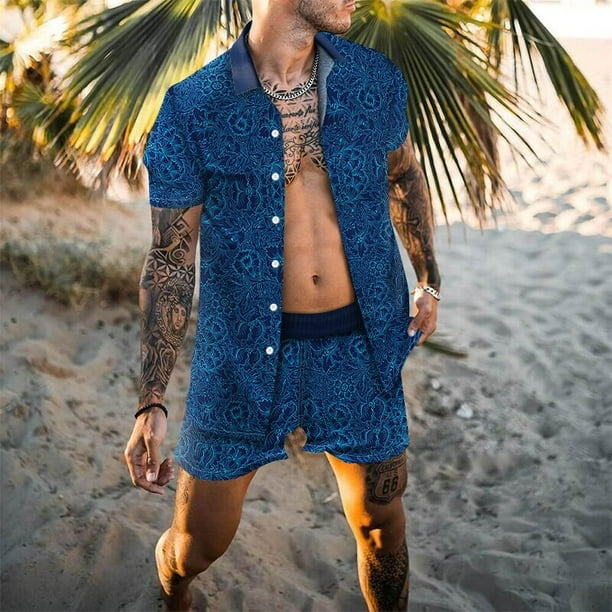 Conjuntos de hombre 2022 camisa informal de manga corta con solapa de retales estampada pantalones cortos de playa ropa de calle de verano trajes hawaianos para vacaciones S 3XL para hombre Tan Jianju...