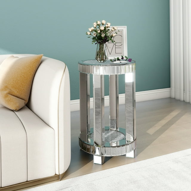 24"H Round Glass End Table Silver Living room Side Table with Crystal