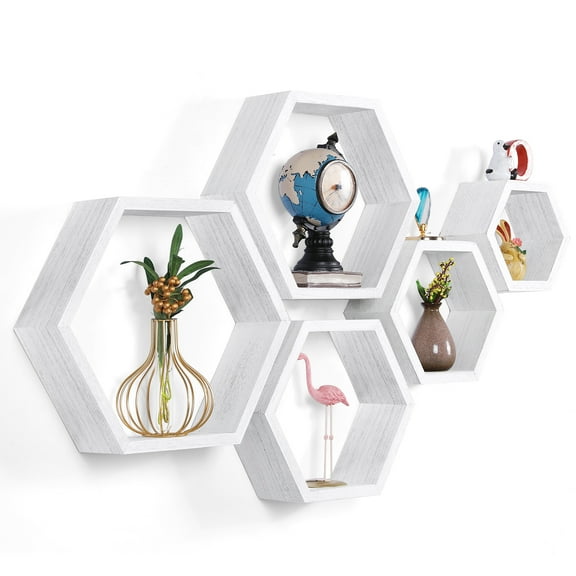 Hexagonal Shelf Farmhouse Honeycomb Floating Rack Set of 5 Wooden Storage Shelf for Plant Display Wall Hanger Modern Honeycomb Rack for Living Room Bedroom Office, Off-White