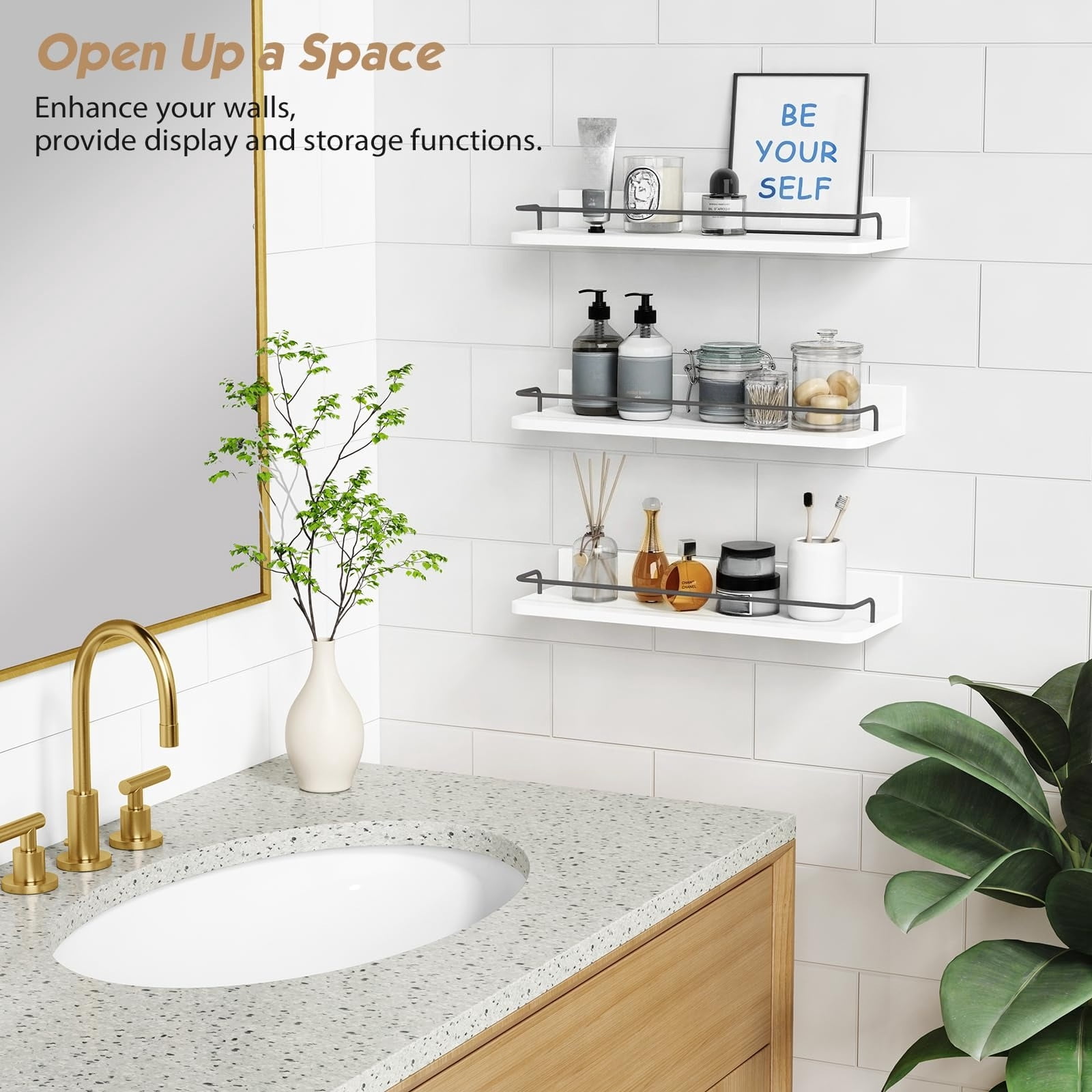 Forbena Gold Floating Shelves for Wall Decor Set of 3, Bathroom Shelves Over Toilet, Modern Display Wall Shelf with Guard Rail for Living Room Bedroom Organizers and Storage - White and Gold