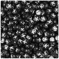 BeadTin Black Opaque 7mm Coin Alpha Beads - White Letter K (100pcs)
