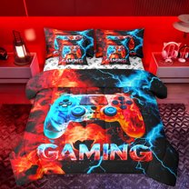 Manfei Teens Video Game 7-Piece Twin Bedding Sets,Console Game Lover Bedding Comforter Set,Gradient Red Blue Sheet Sets For Kids,Microfiber Bedroom Decor Reversible