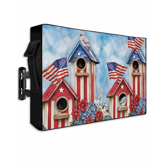 4th of July Outdoor TV Cover 48 to 50 Inch Weatherproof, Blue American Flag Birds House 600D Oxford TV Covers with Waterproof Zipper, Outside Flat TV Screen Protector Size 48"W x 30"H x 4.5"D